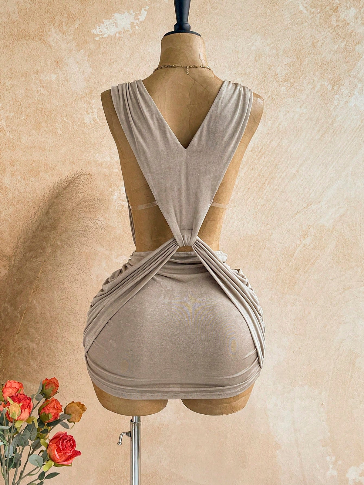 Soleia V-Neck Metal Decor Spaghetti Strap Backless Wrap Mini Dress,Khaki,Summer,70s,Night Out,Party,Greek Mythology Inspired Vintage Bohemian Holiday