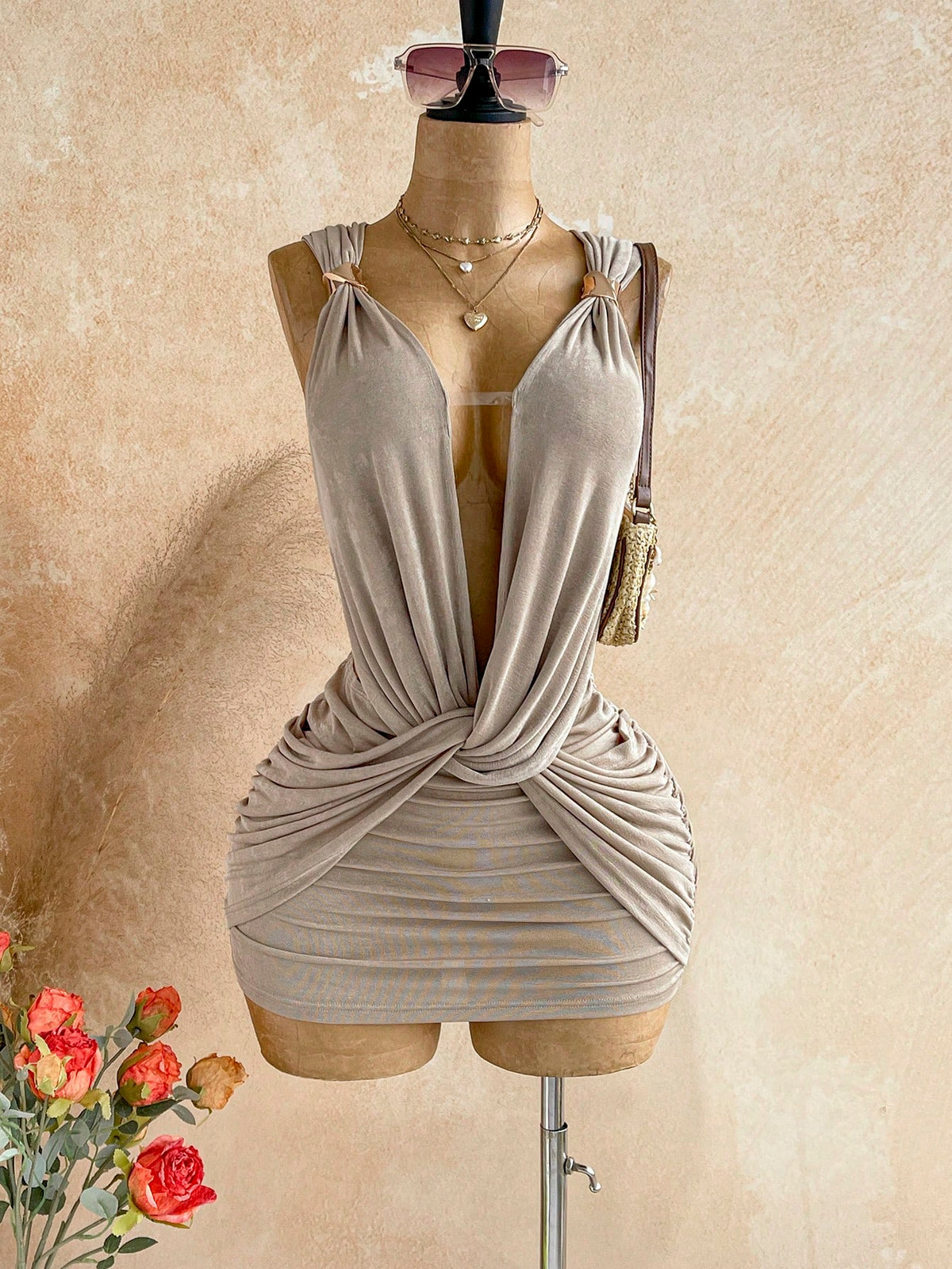 Soleia V-Neck Metal Decor Spaghetti Strap Backless Wrap Mini Dress,Khaki,Summer,70s,Night Out,Party,Greek Mythology Inspired Vintage Bohemian Holiday