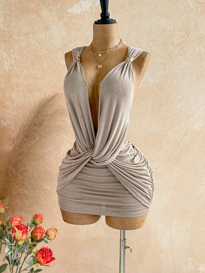 Soleia V-Neck Metal Decor Spaghetti Strap Backless Wrap Mini Dress,Khaki,Summer,70s,Night Out,Party,Greek Mythology Inspired Vintage Bohemian Holiday