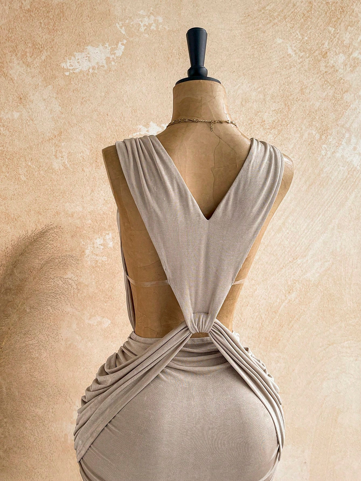 Soleia V-Neck Metal Decor Spaghetti Strap Backless Wrap Mini Dress,Khaki,Summer,70s,Night Out,Party,Greek Mythology Inspired Vintage Bohemian Holiday