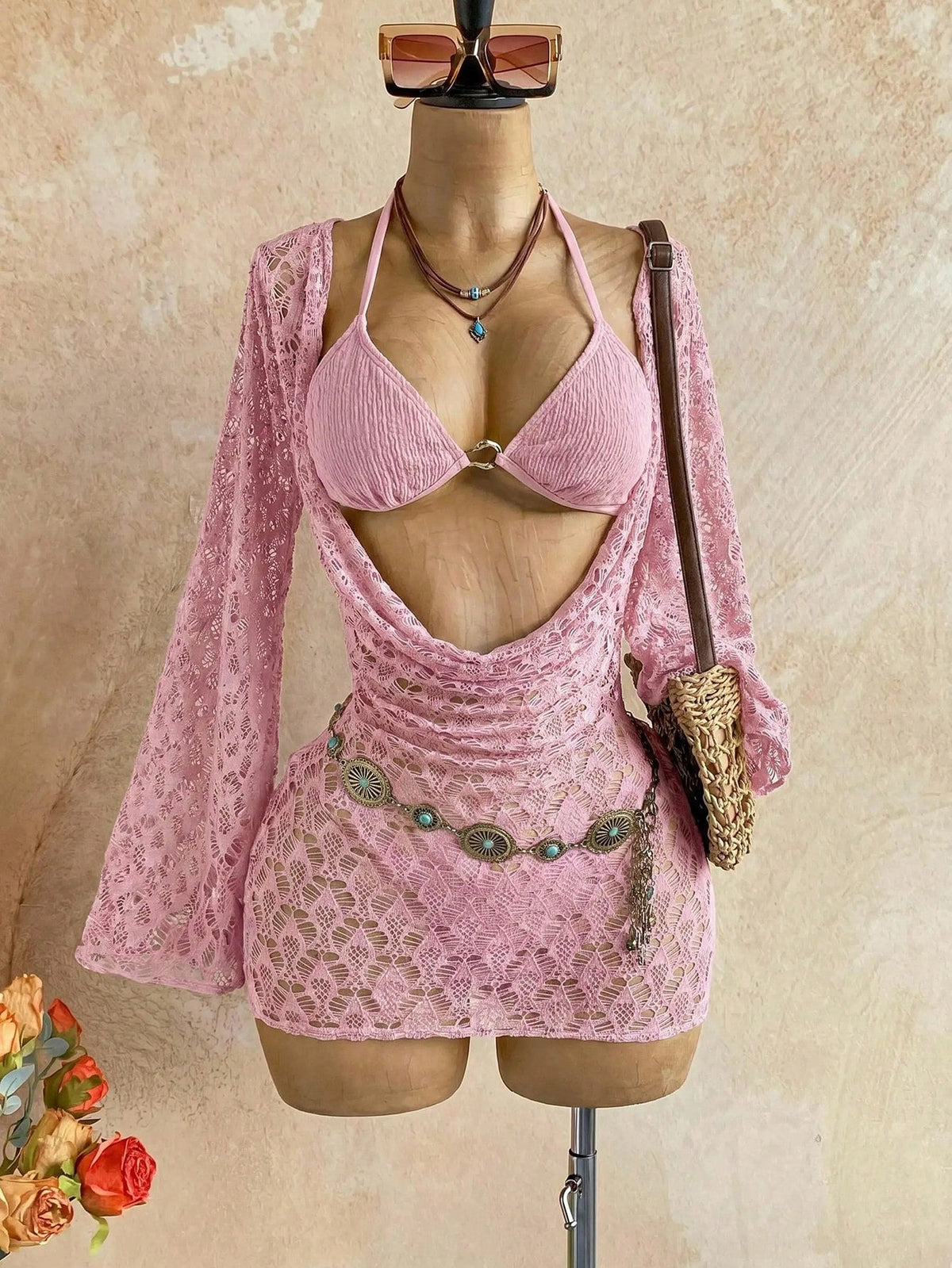 Soleia Women's 3-Piece Sexy Bikini Swimsuit With Pink Mesh Cover-Up Skirt, Fashionable Sexy Swimwear Bathing Suit For Women Beach Outfits