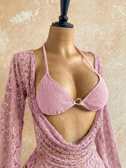 Soleia Women's 3-Piece Sexy Bikini Swimsuit With Pink Mesh Cover-Up Skirt, Fashionable Sexy Swimwear Bathing Suit For Women Beach Outfits