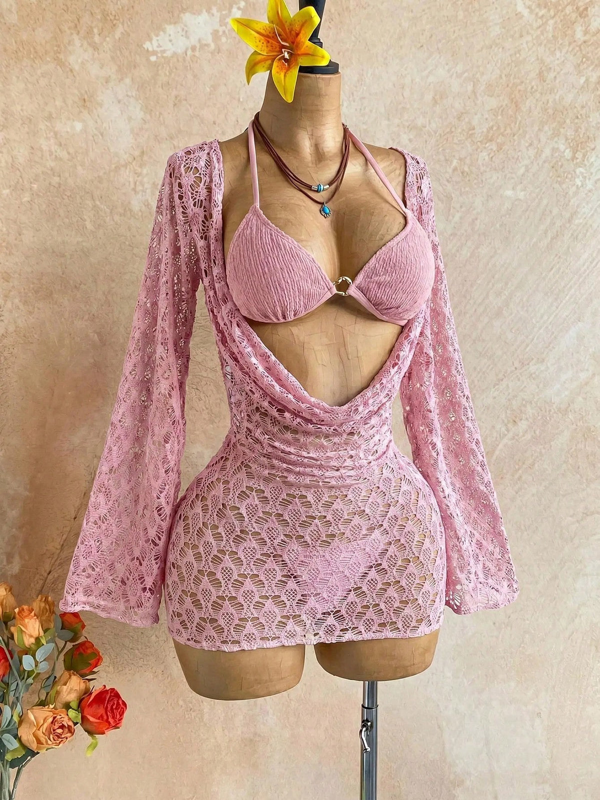 Soleia Women's 3-Piece Sexy Bikini Swimsuit With Pink Mesh Cover-Up Skirt, Fashionable Sexy Swimwear Bathing Suit For Women Beach Outfits