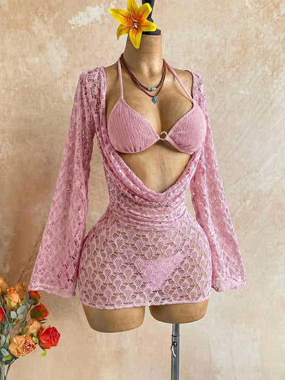 Soleia Women's 3-Piece Sexy Bikini Swimsuit With Pink Mesh Cover-Up Skirt, Fashionable Sexy Swimwear Bathing Suit For Women Beach Outfits
