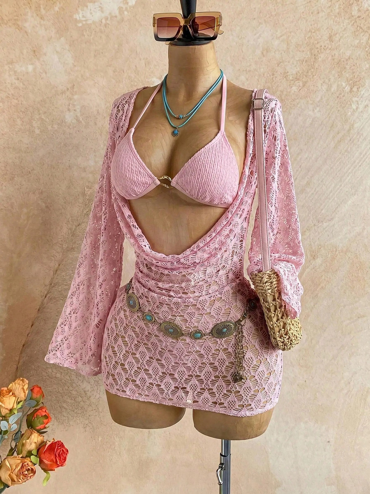 Soleia Women's 3-Piece Sexy Bikini Swimsuit With Pink Mesh Cover-Up Skirt, Fashionable Sexy Swimwear Bathing Suit For Women Beach Outfits