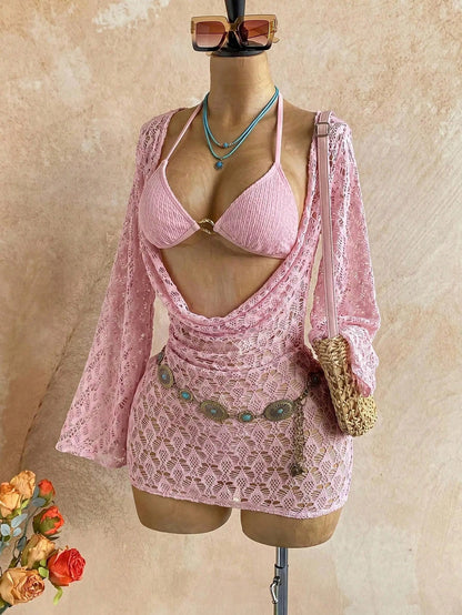 Soleia Women's 3-Piece Sexy Bikini Swimsuit With Pink Mesh Cover-Up Skirt, Fashionable Sexy Swimwear Bathing Suit For Women Beach Outfits