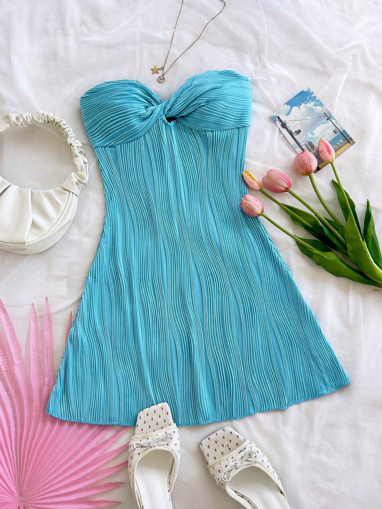 Soleia Women's Aqua Blue Summer Casual Holiday Vacation Holiday Wavy Textured Tube Twist Hollow Waist A-Line Ruffle Hem Mini Strapless Dress No Chest Padding