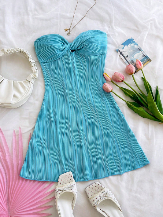 Soleia Women's Aqua Blue Summer Casual Holiday Vacation Holiday Wavy Textured Tube Twist Hollow Waist A-Line Ruffle Hem Mini Strapless Dress No Chest Padding