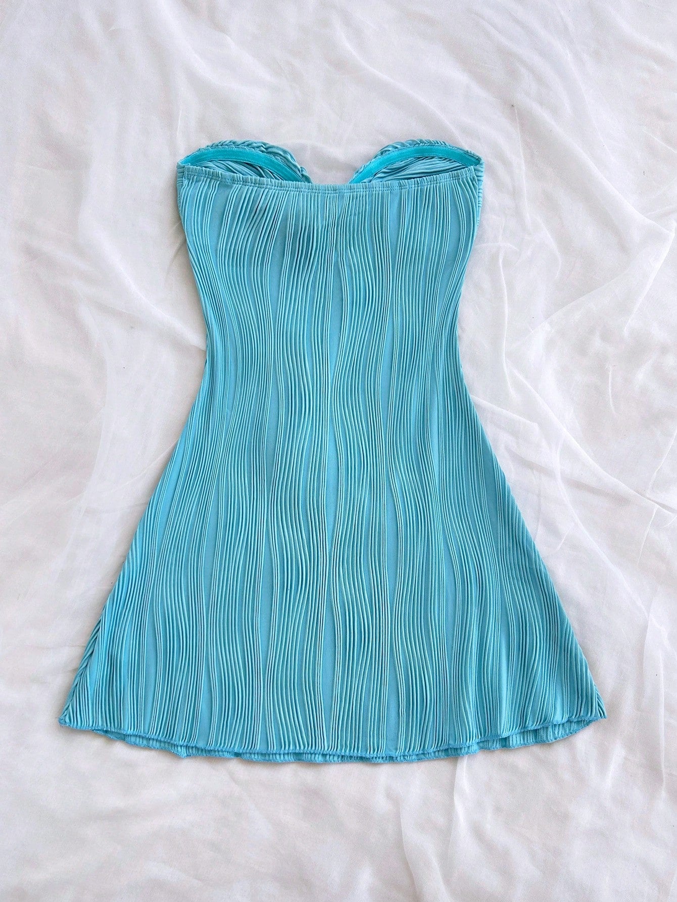 Soleia Women's Aqua Blue Summer Casual Holiday Vacation Holiday Wavy Textured Tube Twist Hollow Waist A-Line Ruffle Hem Mini Strapless Dress No Chest Padding