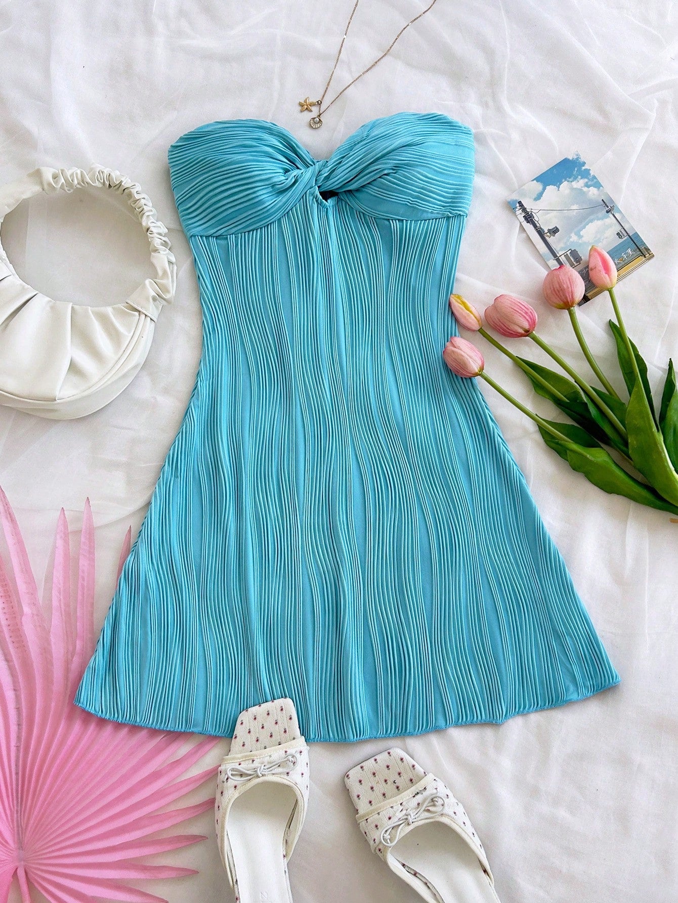 Soleia Women's Aqua Blue Summer Casual Holiday Vacation Holiday Wavy Textured Tube Twist Hollow Waist A-Line Ruffle Hem Mini Strapless Dress No Chest Padding