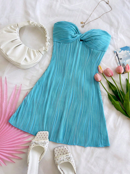 Soleia Women's Aqua Blue Summer Casual Holiday Vacation Holiday Wavy Textured Tube Twist Hollow Waist A-Line Ruffle Hem Mini Strapless Dress No Chest Padding