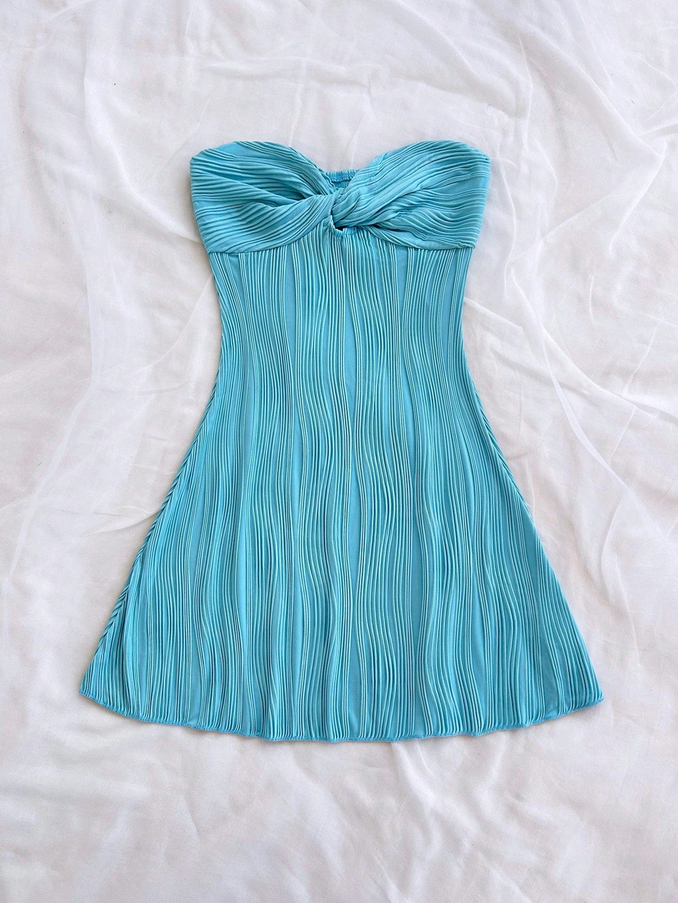 Soleia Women's Aqua Blue Summer Casual Holiday Vacation Holiday Wavy Textured Tube Twist Hollow Waist A-Line Ruffle Hem Mini Strapless Dress No Chest Padding