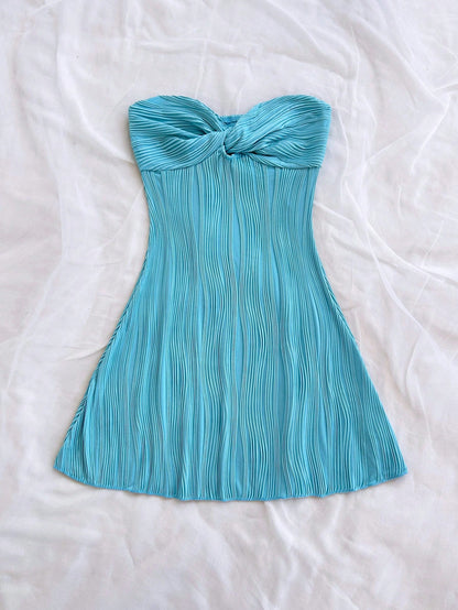 Soleia Women's Aqua Blue Summer Casual Holiday Vacation Holiday Wavy Textured Tube Twist Hollow Waist A-Line Ruffle Hem Mini Strapless Dress No Chest Padding