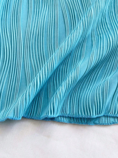 Soleia Women's Aqua Blue Summer Casual Holiday Vacation Holiday Wavy Textured Tube Twist Hollow Waist A-Line Ruffle Hem Mini Strapless Dress No Chest Padding