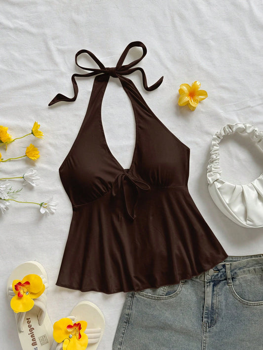 Soleia Women's Casual Vacation V-Neck Bow Tie Halter Backless Babydoll Top, Suitable For Summer Vacation