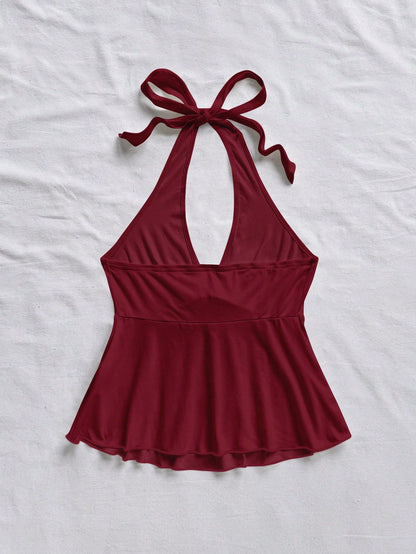 Soleia Women's Casual Vacation V-Neck Bow Tie Halter Backless Babydoll Top, Suitable For Summer Vacation