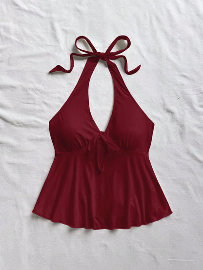 Soleia Women's Casual Vacation V-Neck Bow Tie Halter Backless Babydoll Top, Suitable For Summer Vacation