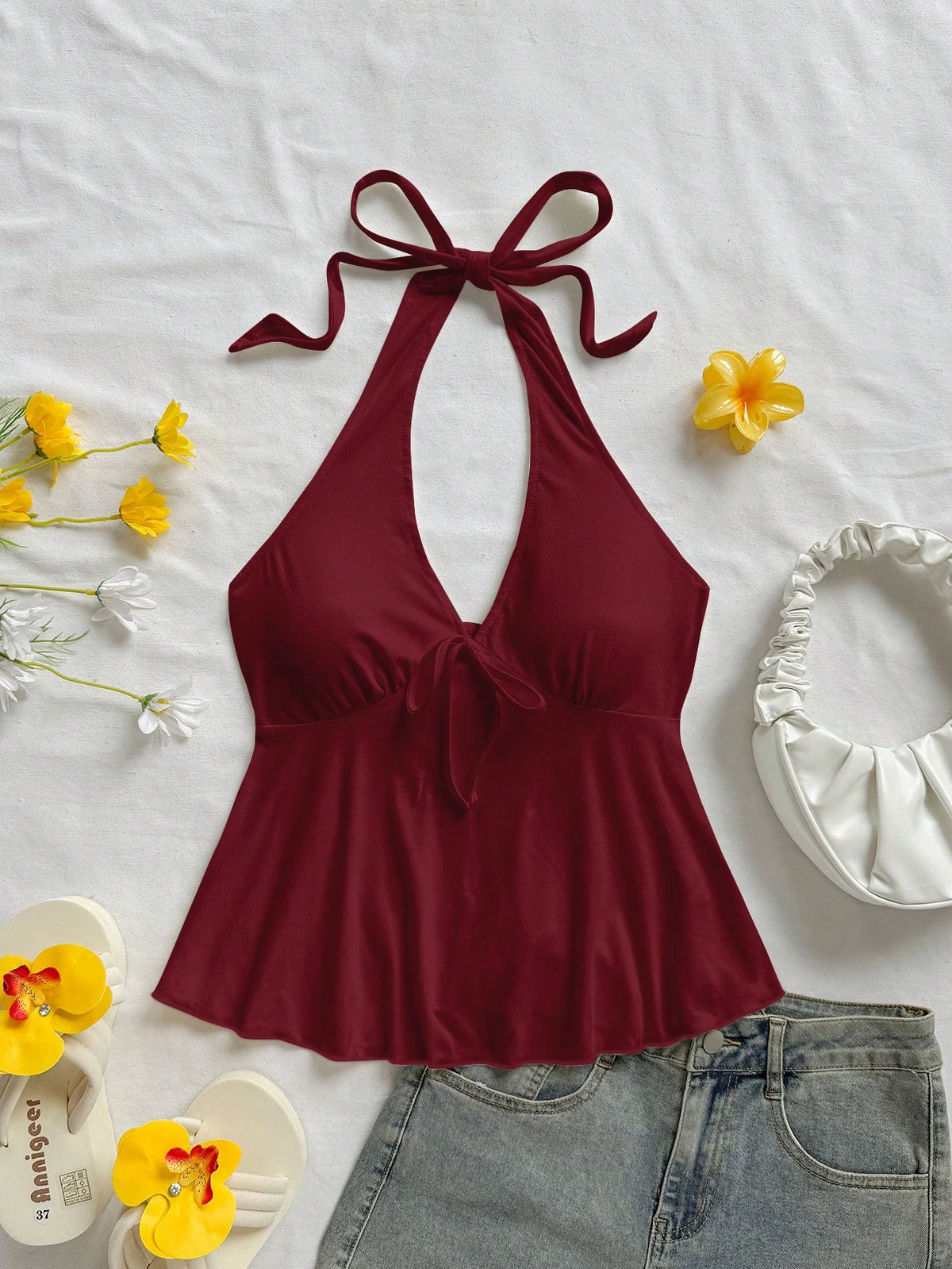 Soleia Women's Casual Vacation V-Neck Bow Tie Halter Backless Babydoll Top, Suitable For Summer Vacation