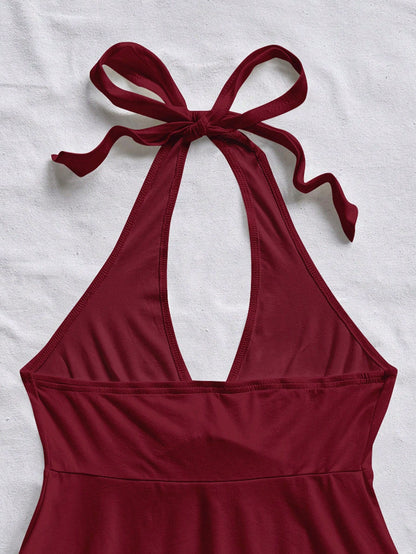 Soleia Women's Casual Vacation V-Neck Bow Tie Halter Backless Babydoll Top, Suitable For Summer Vacation