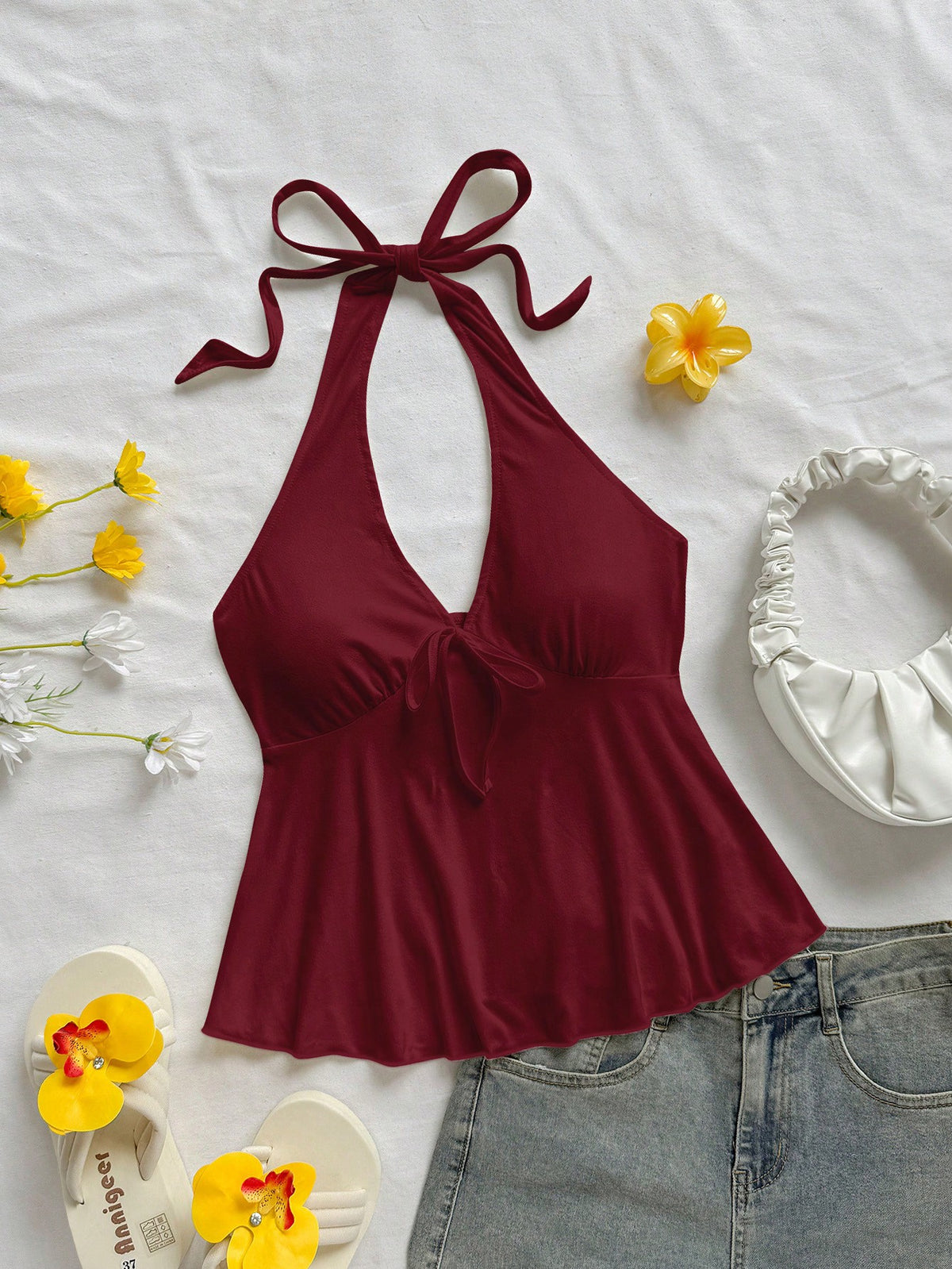 Soleia Women's Casual Vacation V-Neck Bow Tie Halter Backless Babydoll Top, Suitable For Summer Vacation