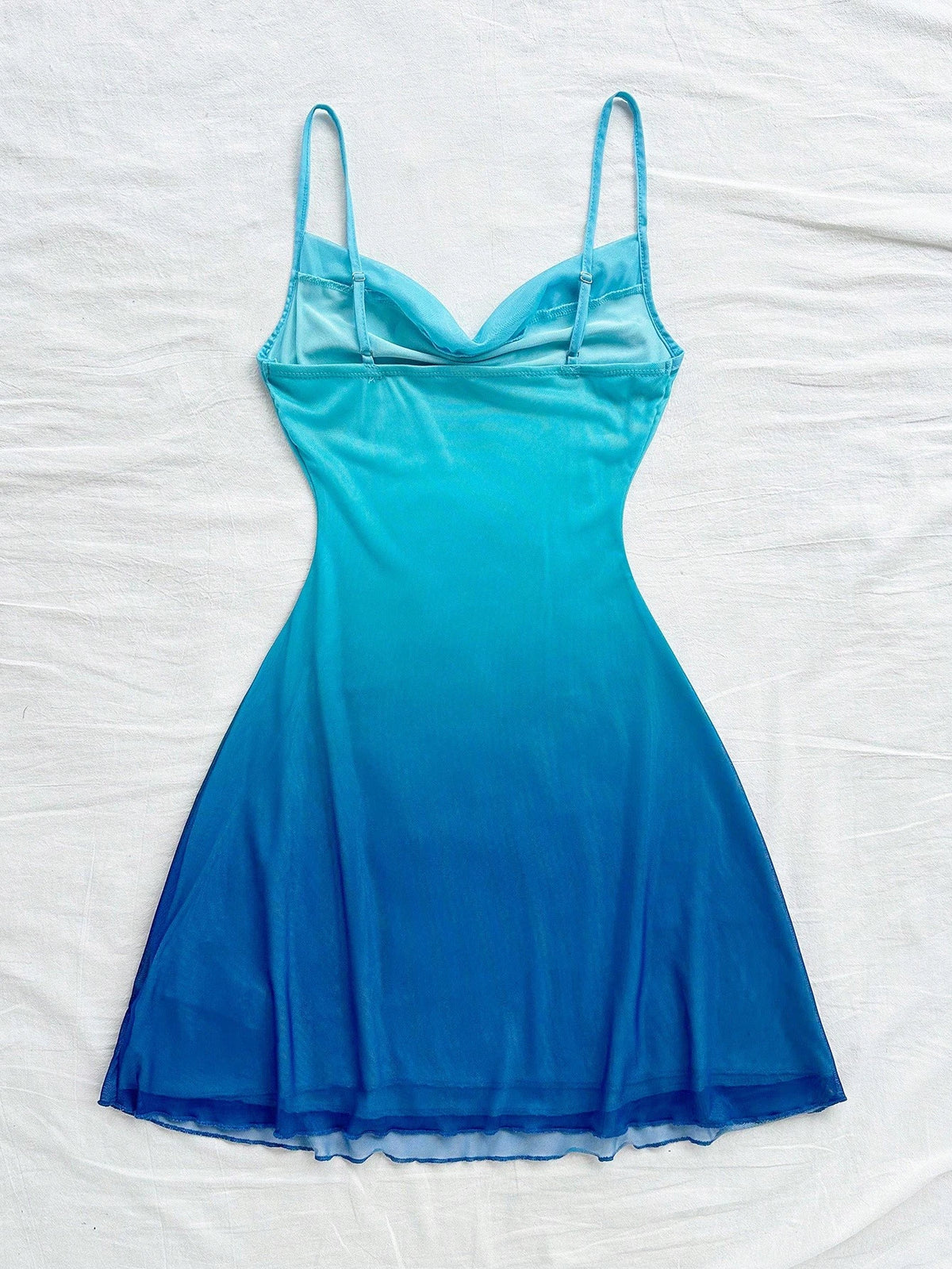 Soleia Women's Dark Blue Gradient Spaghetti Strap Draped Neck Mini Dress,Chic Ombre Vacation Bohemian Beach Dress,Party Night Music Outfit No Chest Padding