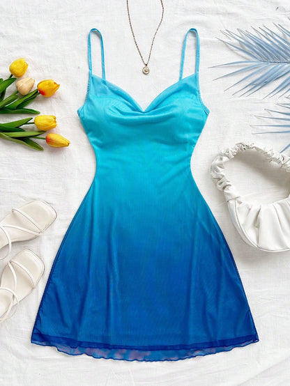 Soleia Women's Dark Blue Gradient Spaghetti Strap Draped Neck Mini Dress,Chic Ombre Vacation Bohemian Beach Dress,Party Night Music Outfit No Chest Padding