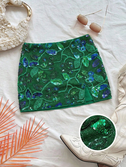Soleia Women's Dark Green Sequin Bodycon Short Skirt With Graphic Pattern And Zipper Detail For Party Style
