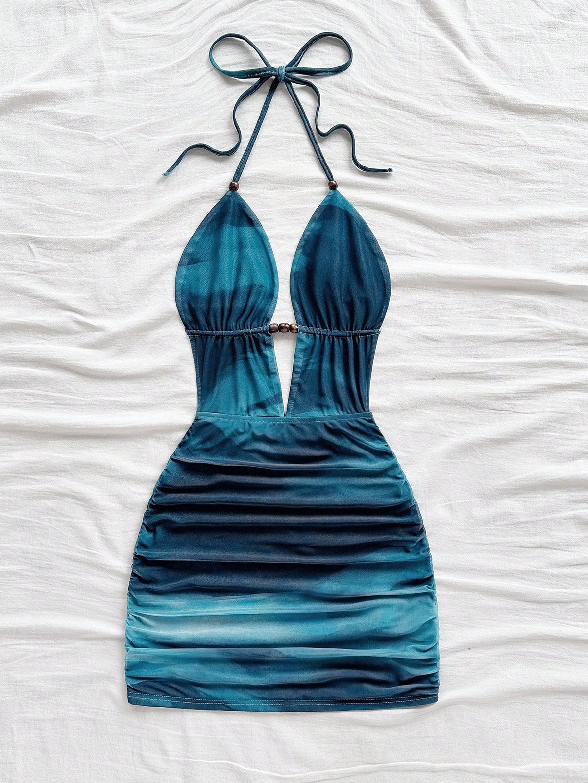 Soleia Women's Retro Tie-Dye Abstract Print Deep V Neck Backless Mini Dress,Dark Teal,Summer,Casual,Beach Club,No Chest Padding
