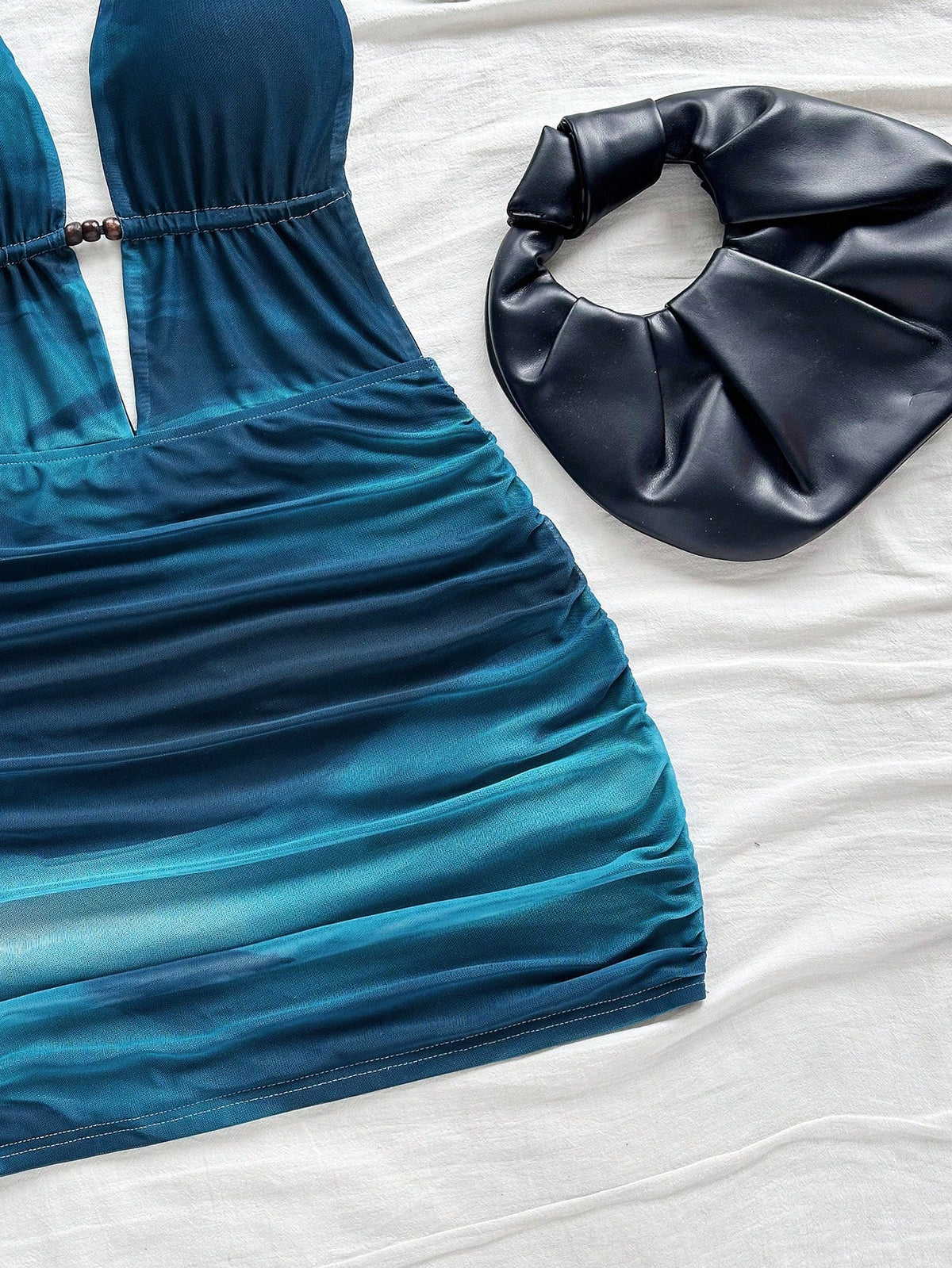 Soleia Women's Retro Tie-Dye Abstract Print Deep V Neck Backless Mini Dress,Dark Teal,Summer,Casual,Beach Club,No Chest Padding