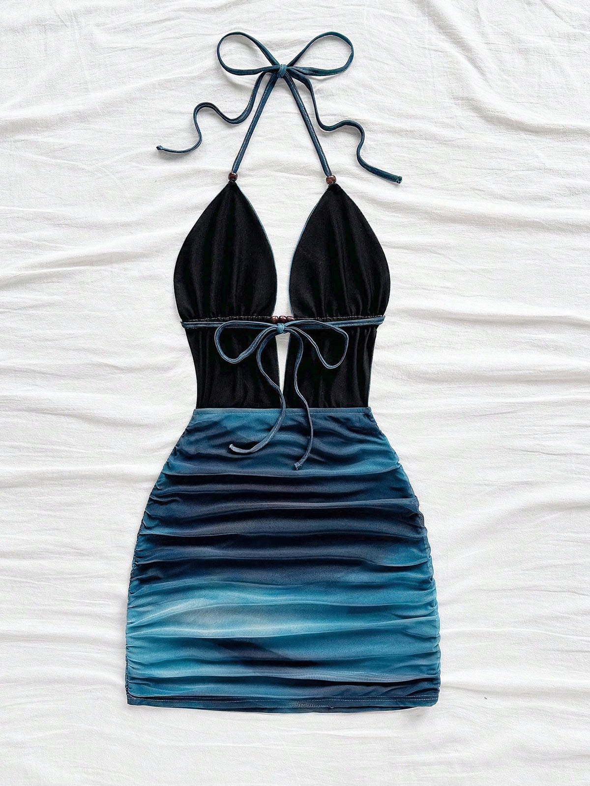Soleia Women's Retro Tie-Dye Abstract Print Deep V Neck Backless Mini Dress,Dark Teal,Summer,Casual,Beach Club,No Chest Padding