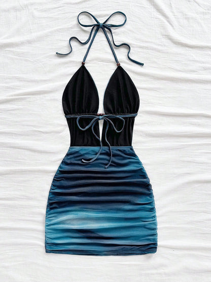 Soleia Women's Retro Tie-Dye Abstract Print Deep V Neck Backless Mini Dress,Dark Teal,Summer,Casual,Beach Club,No Chest Padding