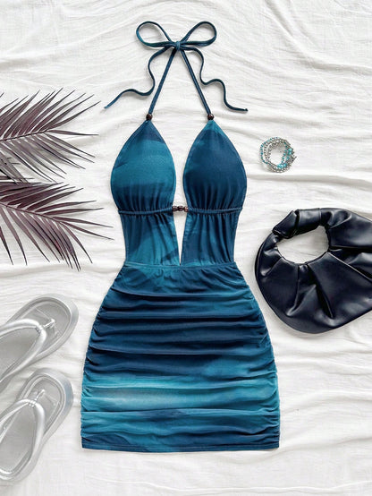 Soleia Women's Retro Tie-Dye Abstract Print Deep V Neck Backless Mini Dress,Dark Teal,Summer,Casual,Beach Club,No Chest Padding