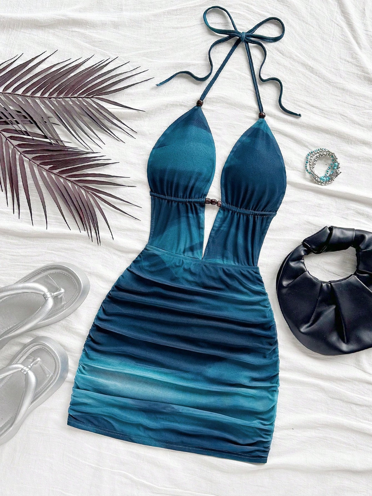 Soleia Women's Retro Tie-Dye Abstract Print Deep V Neck Backless Mini Dress,Dark Teal,Summer,Casual,Beach Club,No Chest Padding
