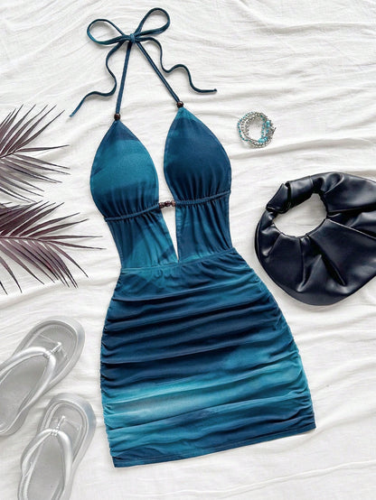 Soleia Women's Retro Tie-Dye Abstract Print Deep V Neck Backless Mini Dress,Dark Teal,Summer,Casual,Beach Club,No Chest Padding