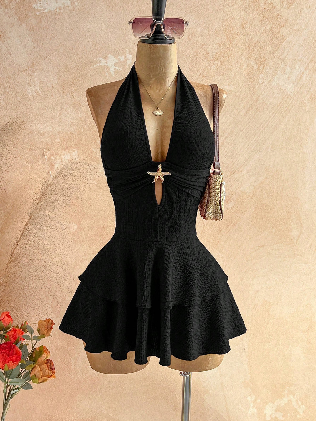 Soleia Women's Sexy Backless Metal Starfish Decor Mini Dress, Solid Color Beach Vacation Style,Summer Dresses For Women,Dresses For Women Summer