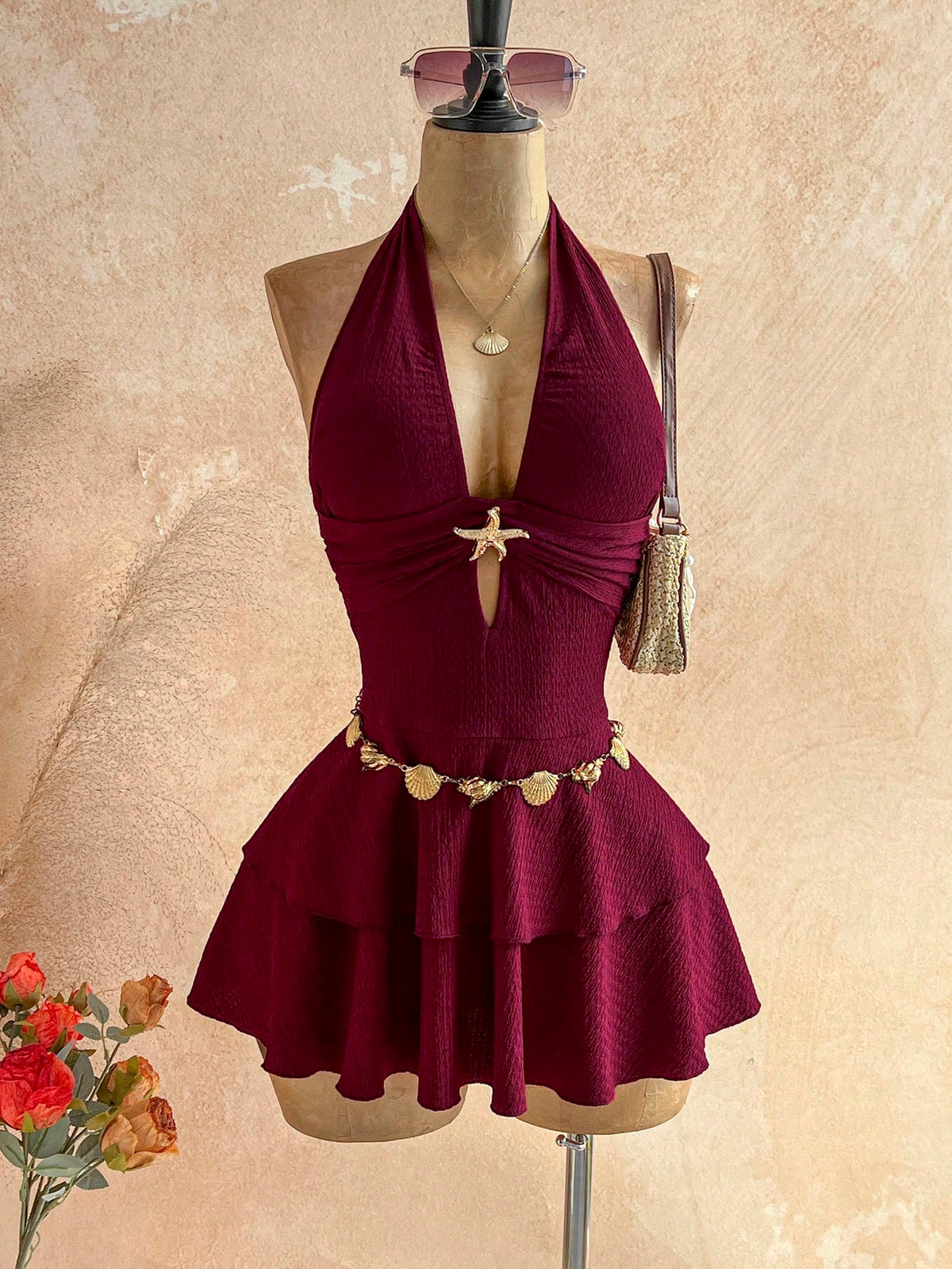 Soleia Women's Sexy Backless Metal Starfish Decor Mini Dress, Solid Color Beach Vacation Style,Summer Dresses For Women,Dresses For Women Summer