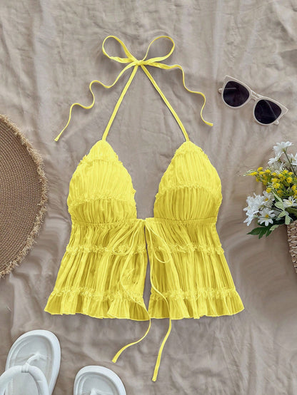 Soleia Women's Solid Color Halter Tie-Up Top Date Summer Top, Only Top, Without Skirt