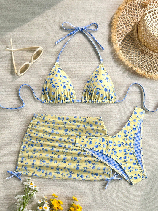 Soleia Women's Summer Beach Floral Print Halter Neck Tie Sexy Bikini And Triangle Bottom Two-Piece Swimsuit Set With Mini Skirt Bathing Suits For Women