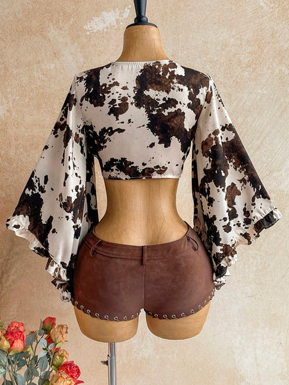 Soleia Women's Tie-Knot Bell Sleeve V-Neck Leopard Print Short Shirt
