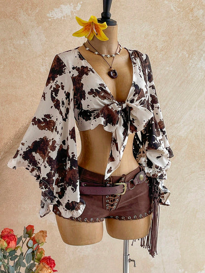 Soleia Women's Tie-Knot Bell Sleeve V-Neck Leopard Print Short Shirt
