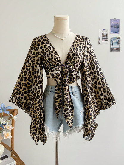 Soleia Women's Tie-Knot Bell Sleeve V-Neck Leopard Print Short Shirt