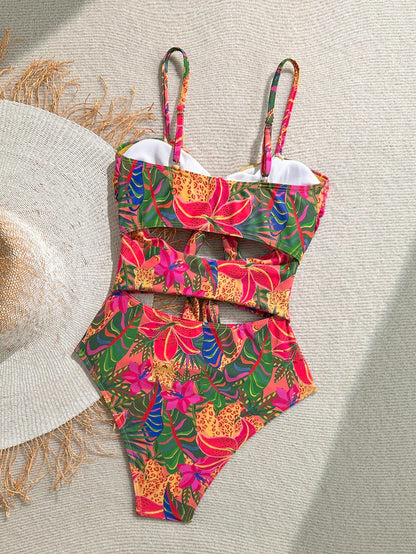 Soleia Women's Tropical Print Front Tie Bow One-Piece Swimsuit