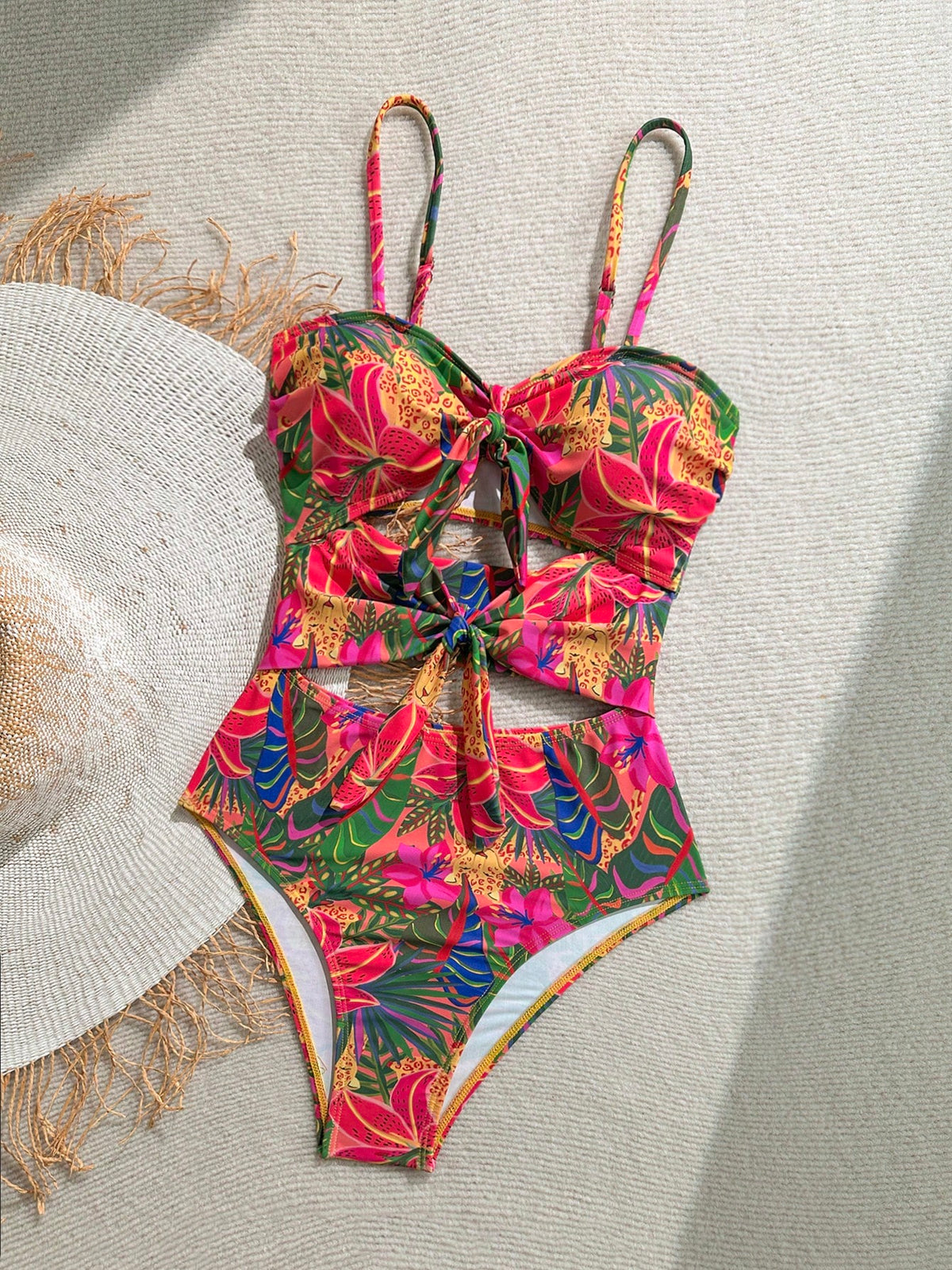 Soleia Women's Tropical Print Front Tie Bow One-Piece Swimsuit