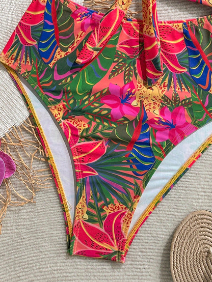 Soleia Women's Tropical Print Front Tie Bow One-Piece Swimsuit
