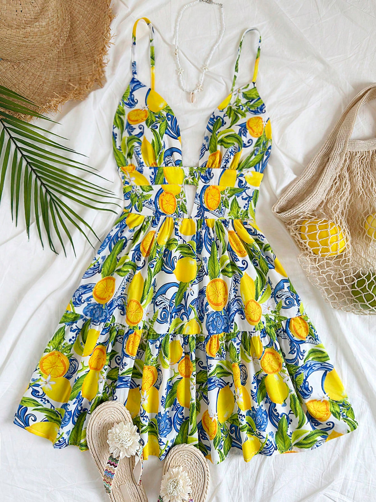 Soleia Women's Vacation Spring Colorful Lemon Print Mini Dress, Valentine's Day Outfit, Summer Outfits, Birthday Dress