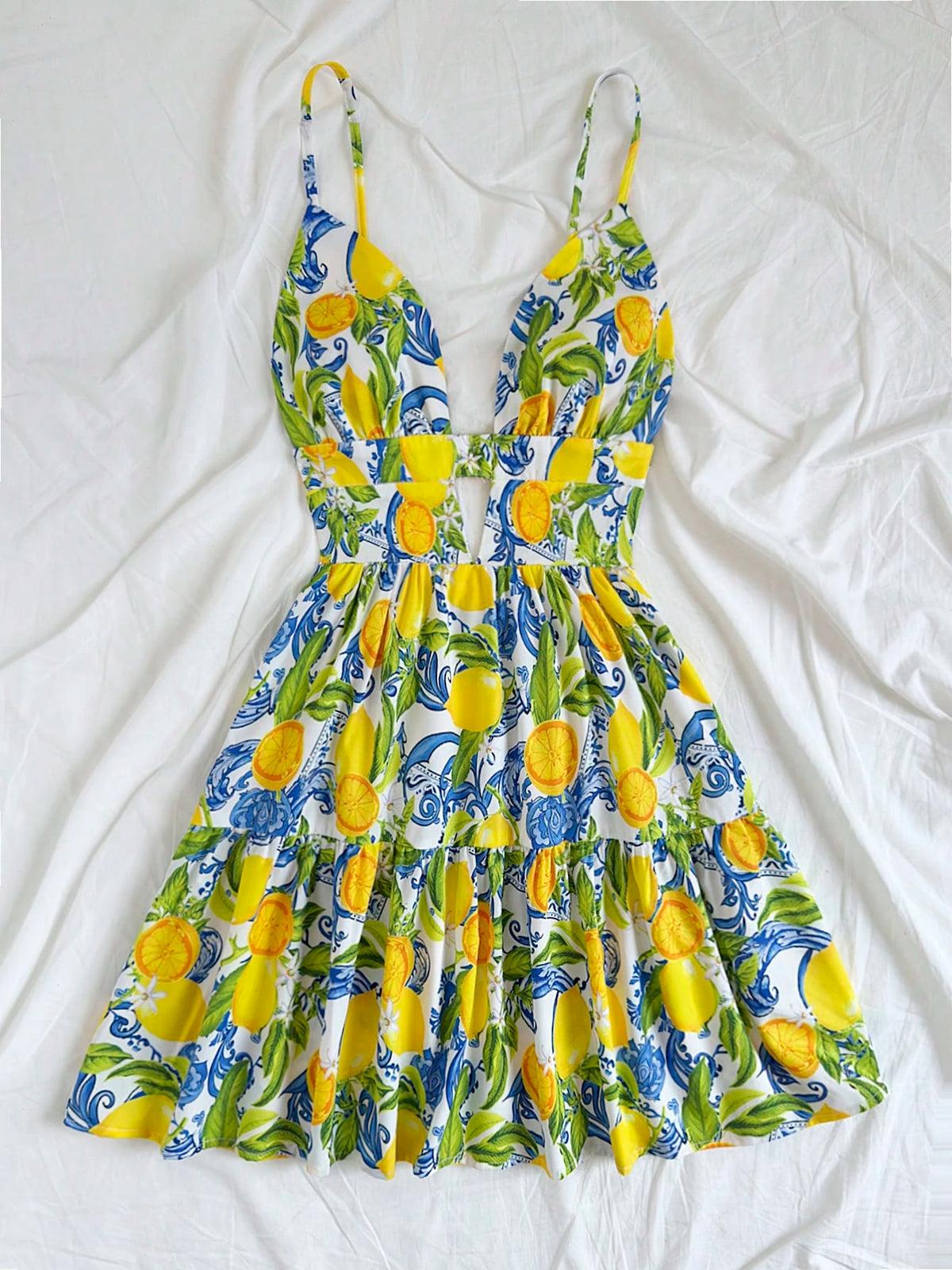 Soleia Women's Vacation Spring Colorful Lemon Print Mini Dress, Valentine's Day Outfit, Summer Outfits, Birthday Dress