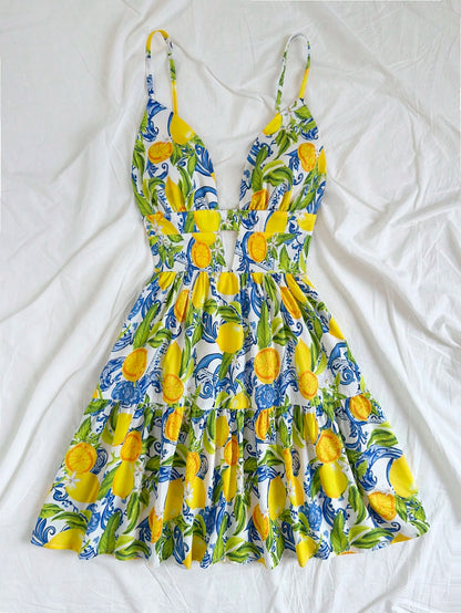 Soleia Women's Vacation Spring Colorful Lemon Print Mini Dress, Valentine's Day Outfit, Summer Outfits, Birthday Dress
