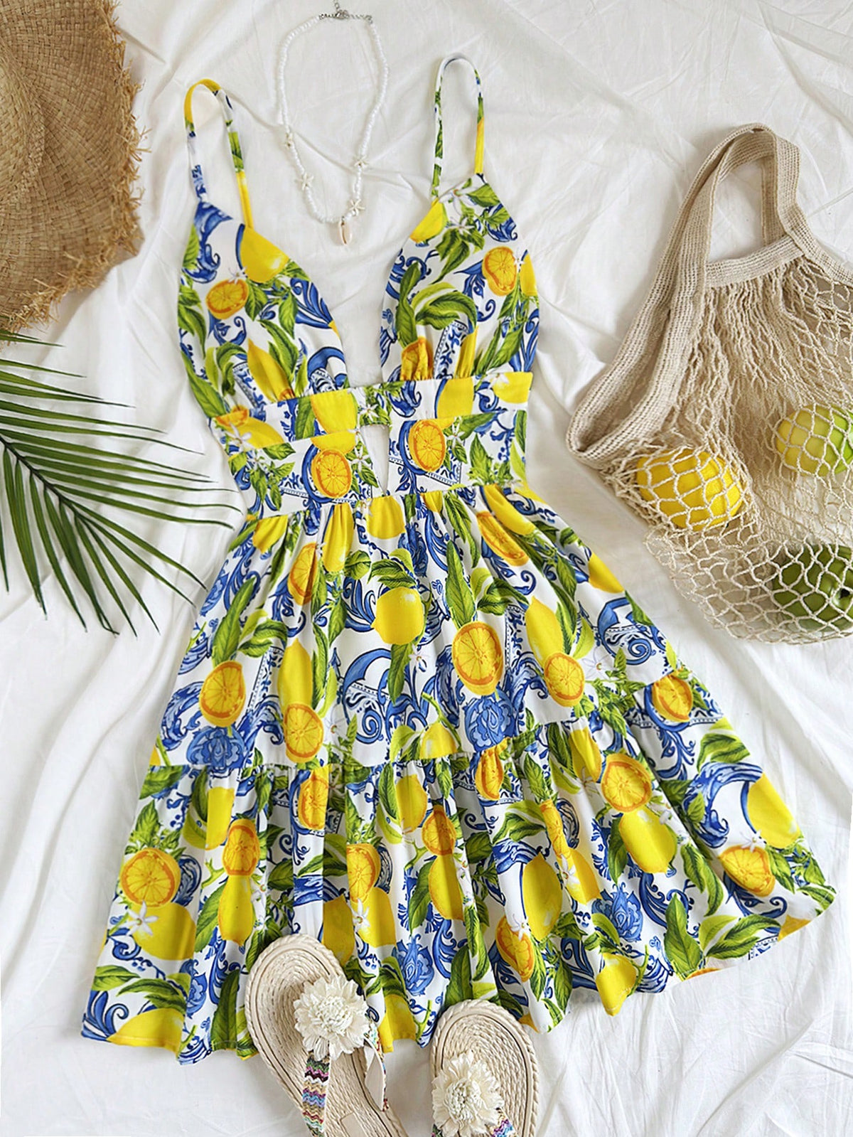 Soleia Women's Vacation Spring Colorful Lemon Print Mini Dress, Valentine's Day Outfit, Summer Outfits, Birthday Dress