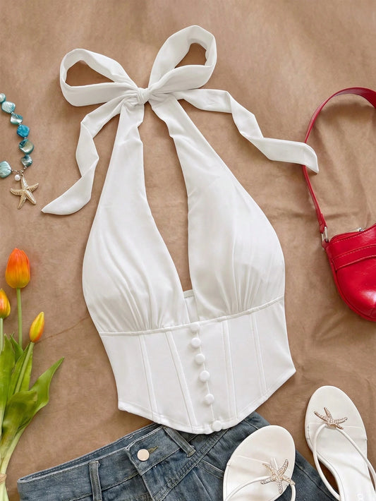 Soleia Women White Summer Elegant Chic Holiday Vacation Backless Tie Strap Halter Top, Tropical Boho Beach Wedding Guest Attire No Chest Padding