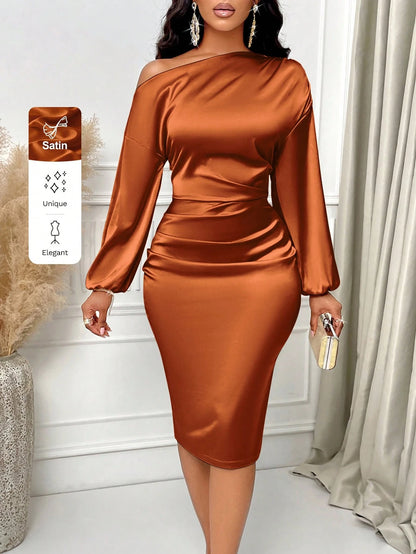 SOLERSUN Asymmetric Neckline Ruched Side Satin Bodycon Dress Maxi Women Outfit Fall Cloth For Women